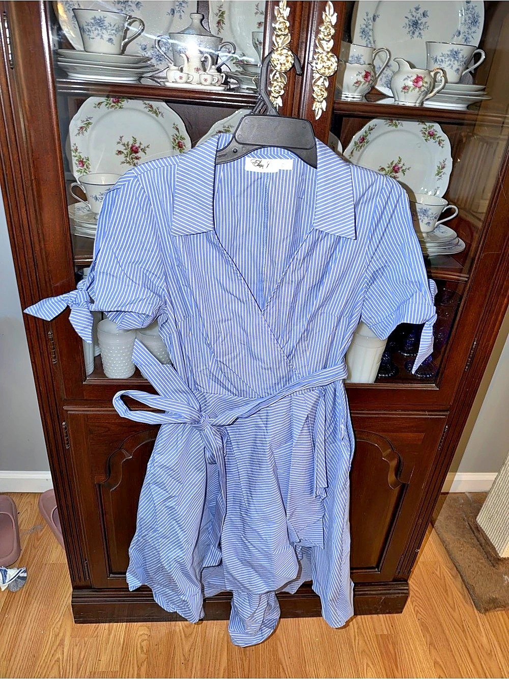 Eliza J Striped Tie Waist Dress in Blue & White